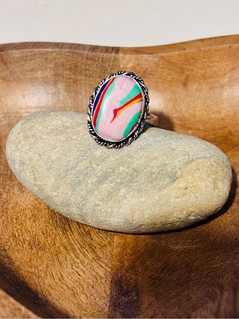 Pastel Rainbow Sterling Silver Plated Colorful Oval Art Stone Ring | Size 10